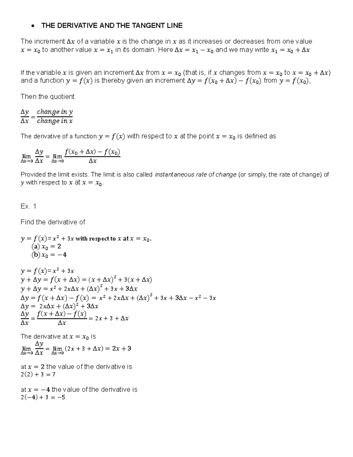Derivative Concepts and Tangent Line Analysis in Calculus - Studocu