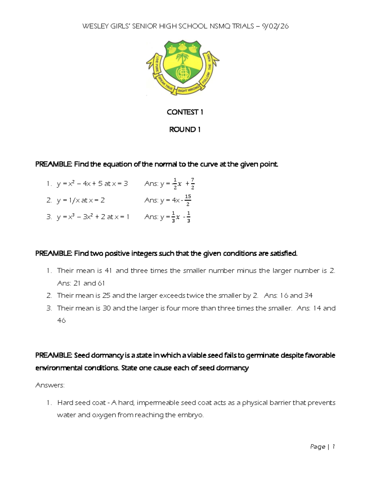 WESLEY SENIOR HIGH SCHOOL NSMQ TRIALS CONTEST 1 ROUND 1-4 NOTES - Studocu