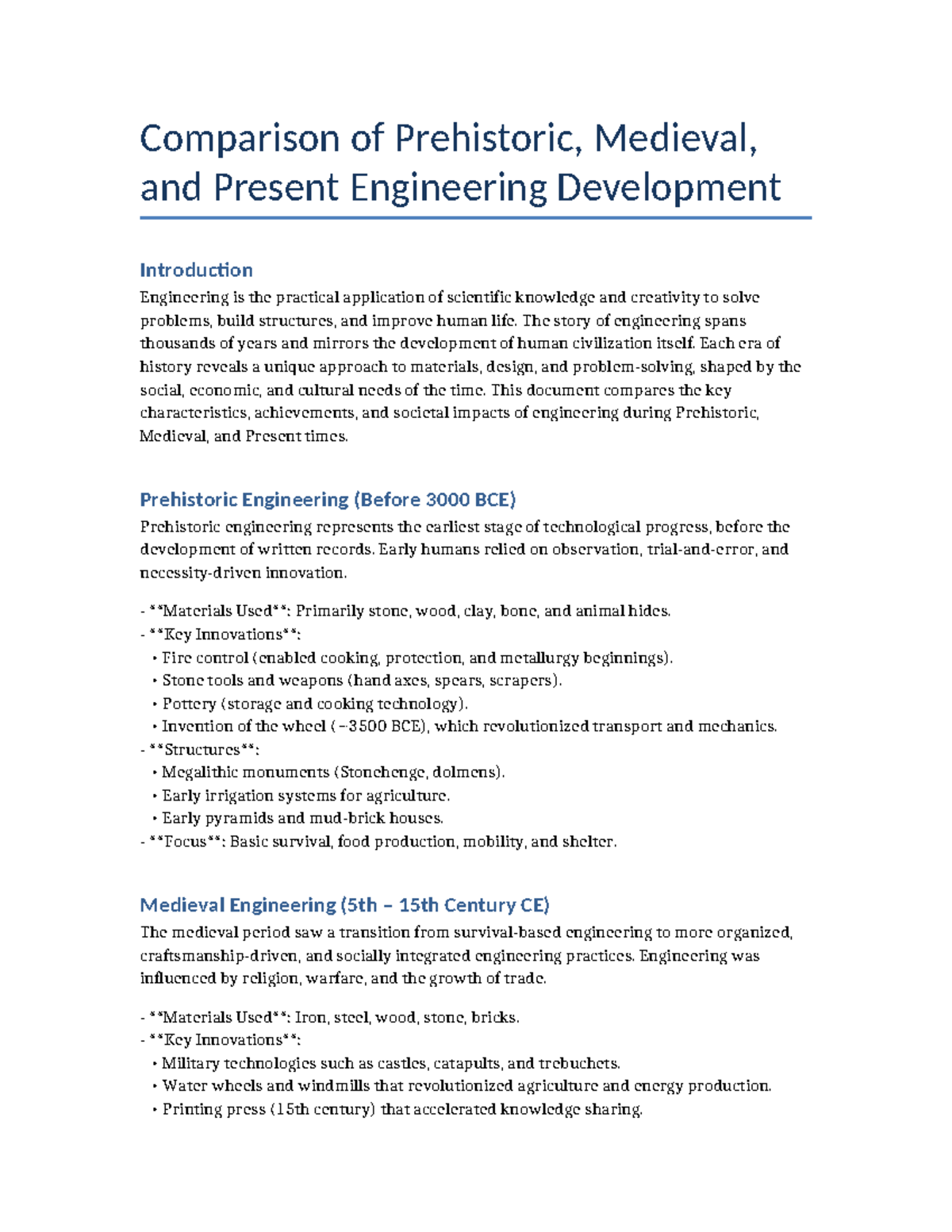 Engineering Development Comparison: Prehistoric to Modern Times - Studocu