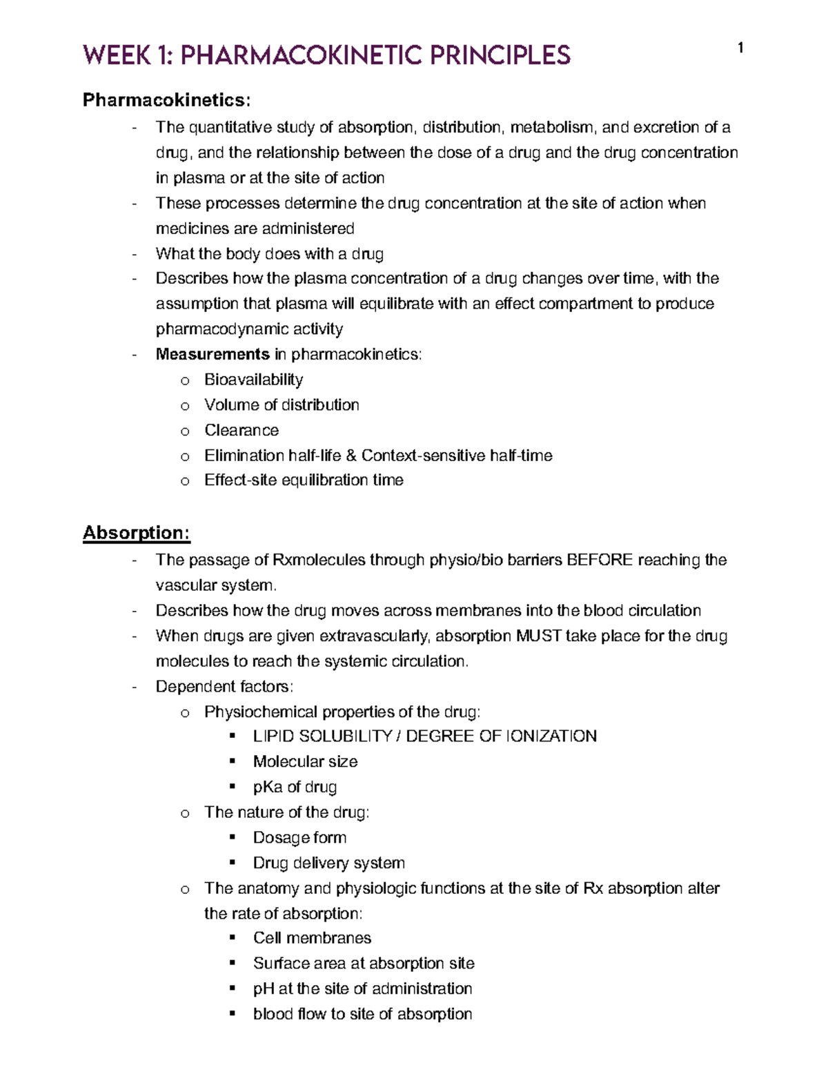 PHARM 101: Pharmacokinetic Principles Study Notes - Studocu