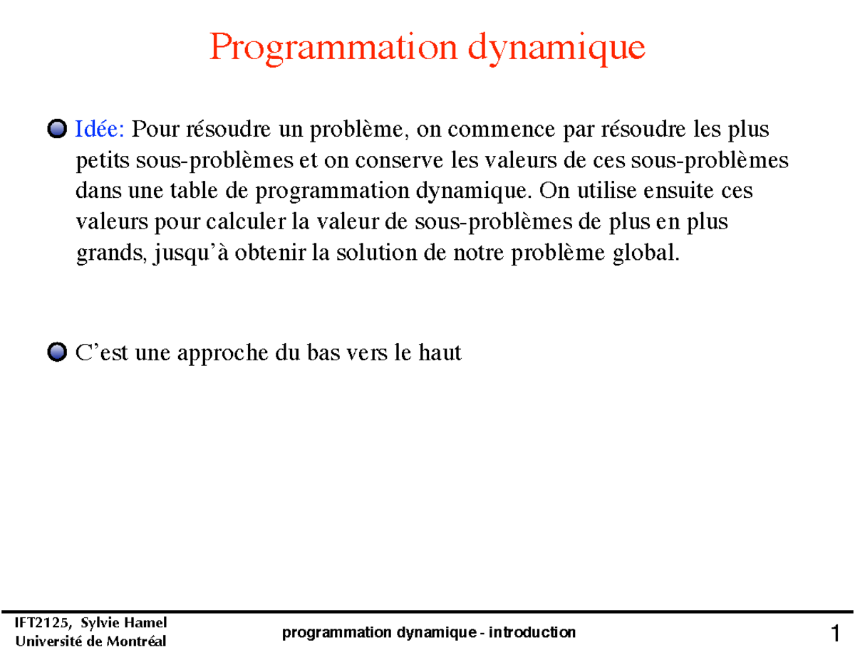 IFT2125 - Notes de Cours sur la Programmation Dynamique - Studocu