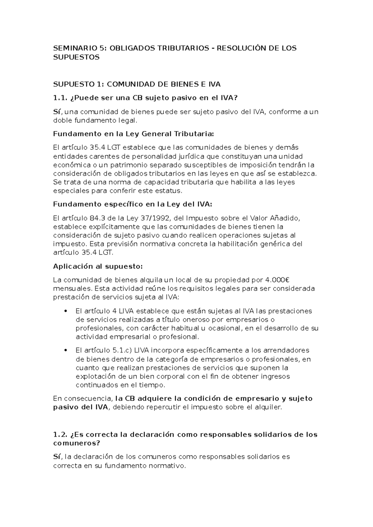 Seminario 5: Obligados Tributarios y Resolución de Supuestos 1 - Studocu