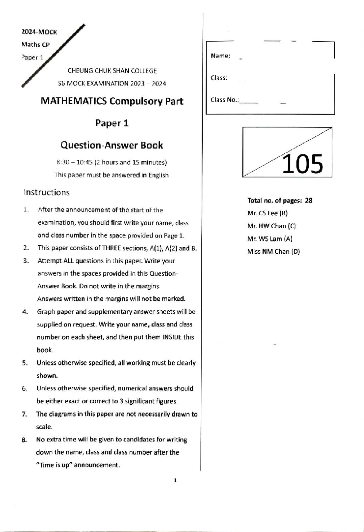 Ccsc S6 2023-24 Math Mock Exam Paper 1 - Studocu