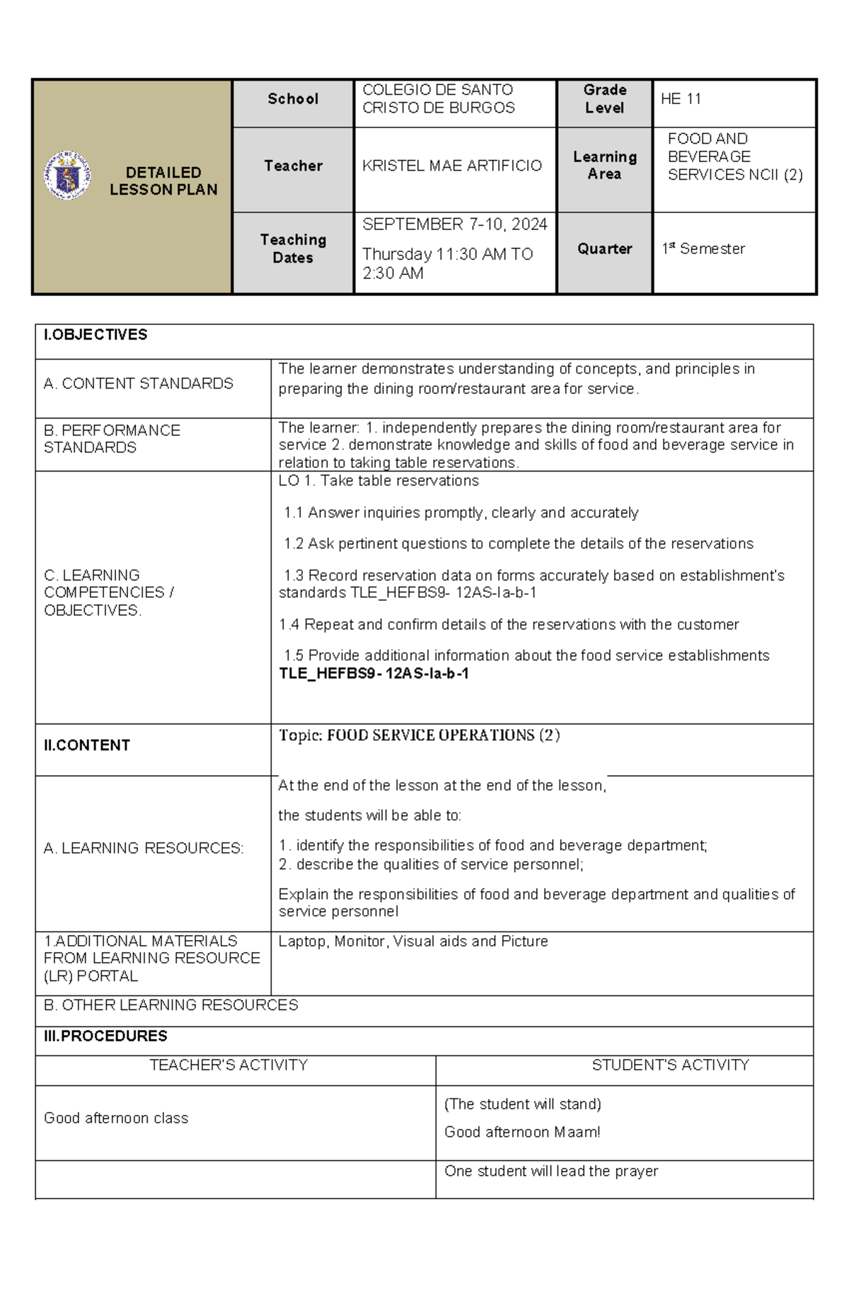 FBS 2 - Food Service Operations Lesson Plan (Episode 4) - Studocu