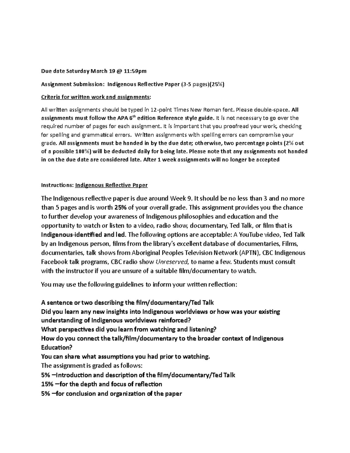 Indigenous Reflective Paper - Assignment Guidelines and Criteria (3-5 ...