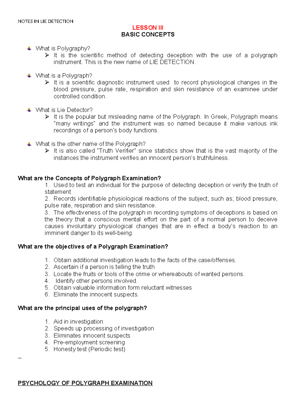 NOTES IN LIE DETECTION: BASIC CONCEPTS OF POLYGRAPHY AND EXAMINATION ...