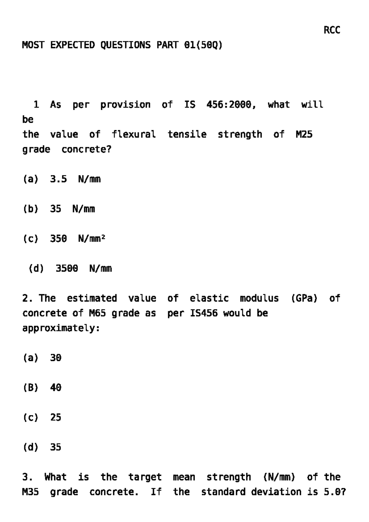 RCC 50 Most Expected Questions Part 01 for Exam Preparation - Studocu