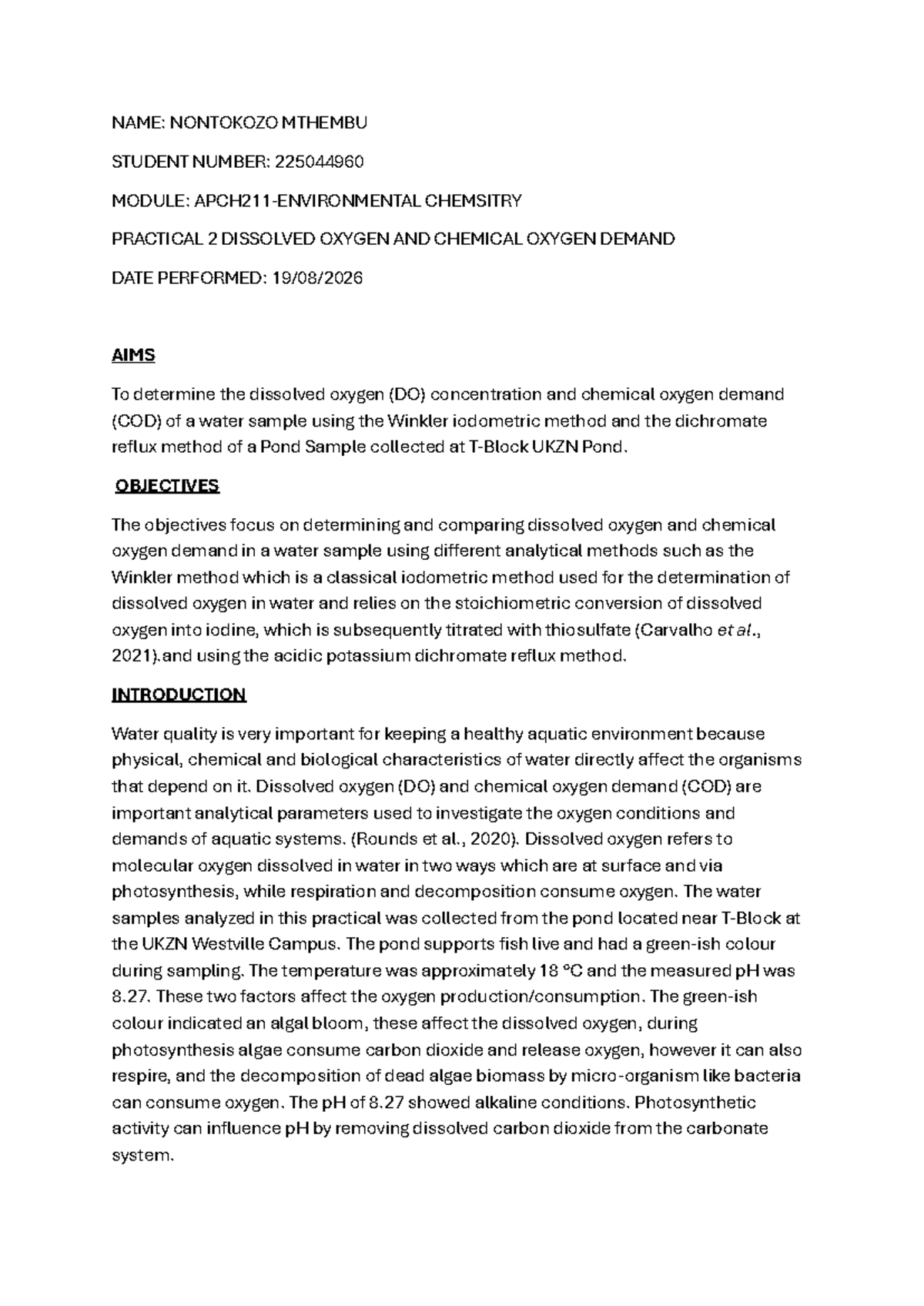 APCH 221 Practical: Analyzing Dissolved Oxygen & Chemical Oxygen Demand ...