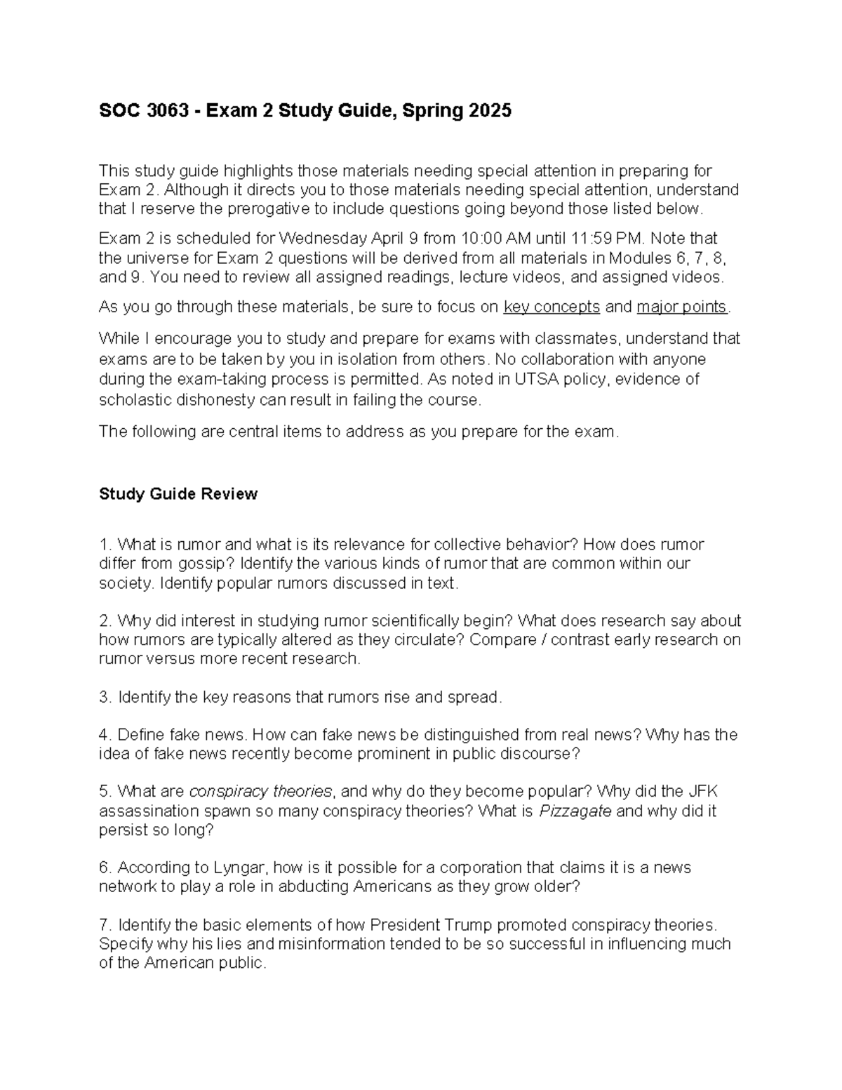 3063 study guide - SOC 3063 - Exam 2 Study Guide, Spring 2025 This ...