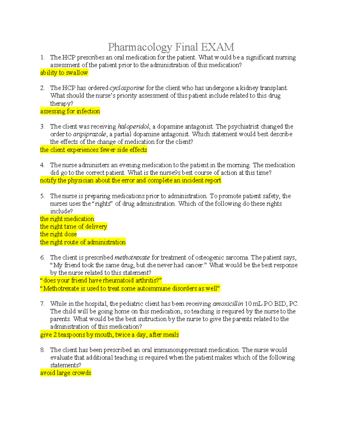 Pharmacology Final Exam Review: Key Concepts and Nursing Assessments ...