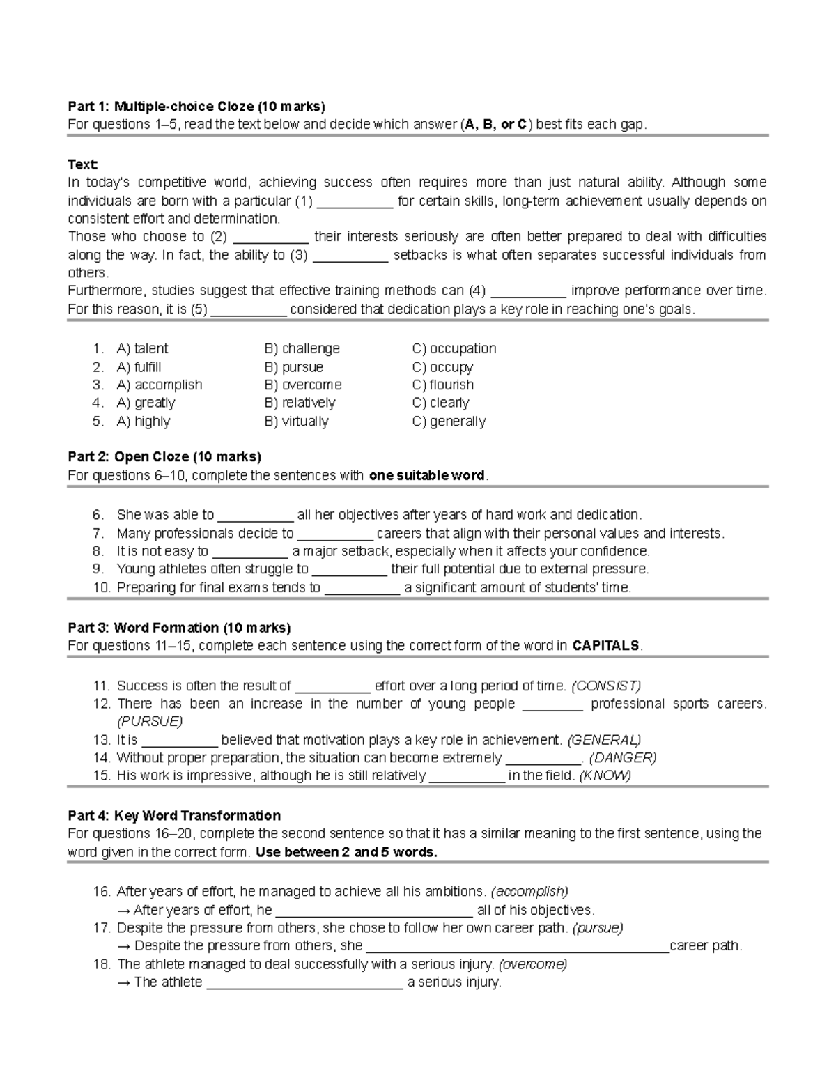 Cloze and Open Cloze Practice Questions for Exam Preparation (Course ...
