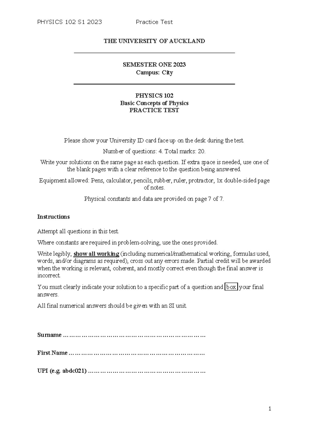 PHYSICS 102 S1 2023 Practice Test Questions and Solutions - Studocu