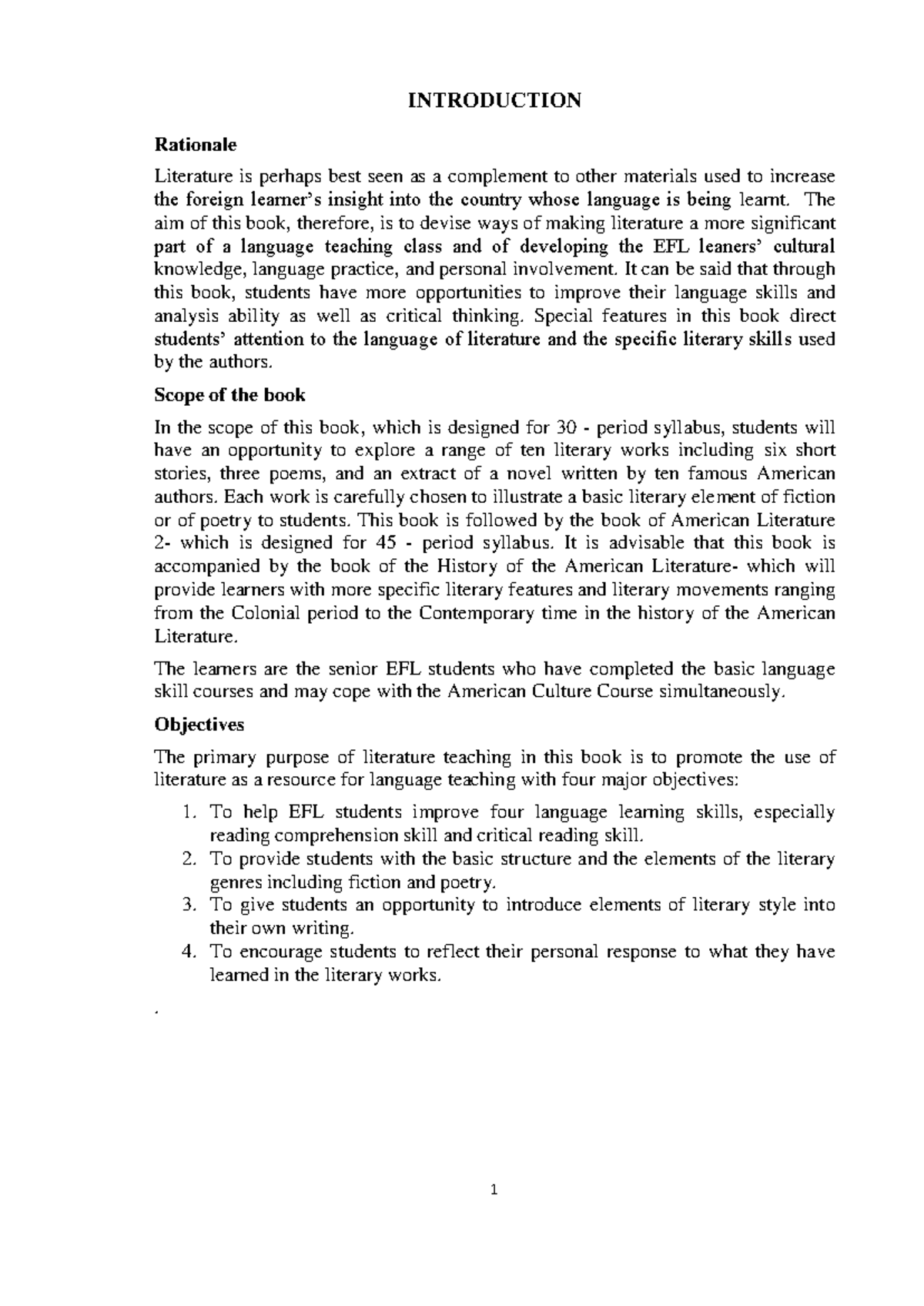 American LIT - English lit - INTRODUCTION Rationale Literature is ...