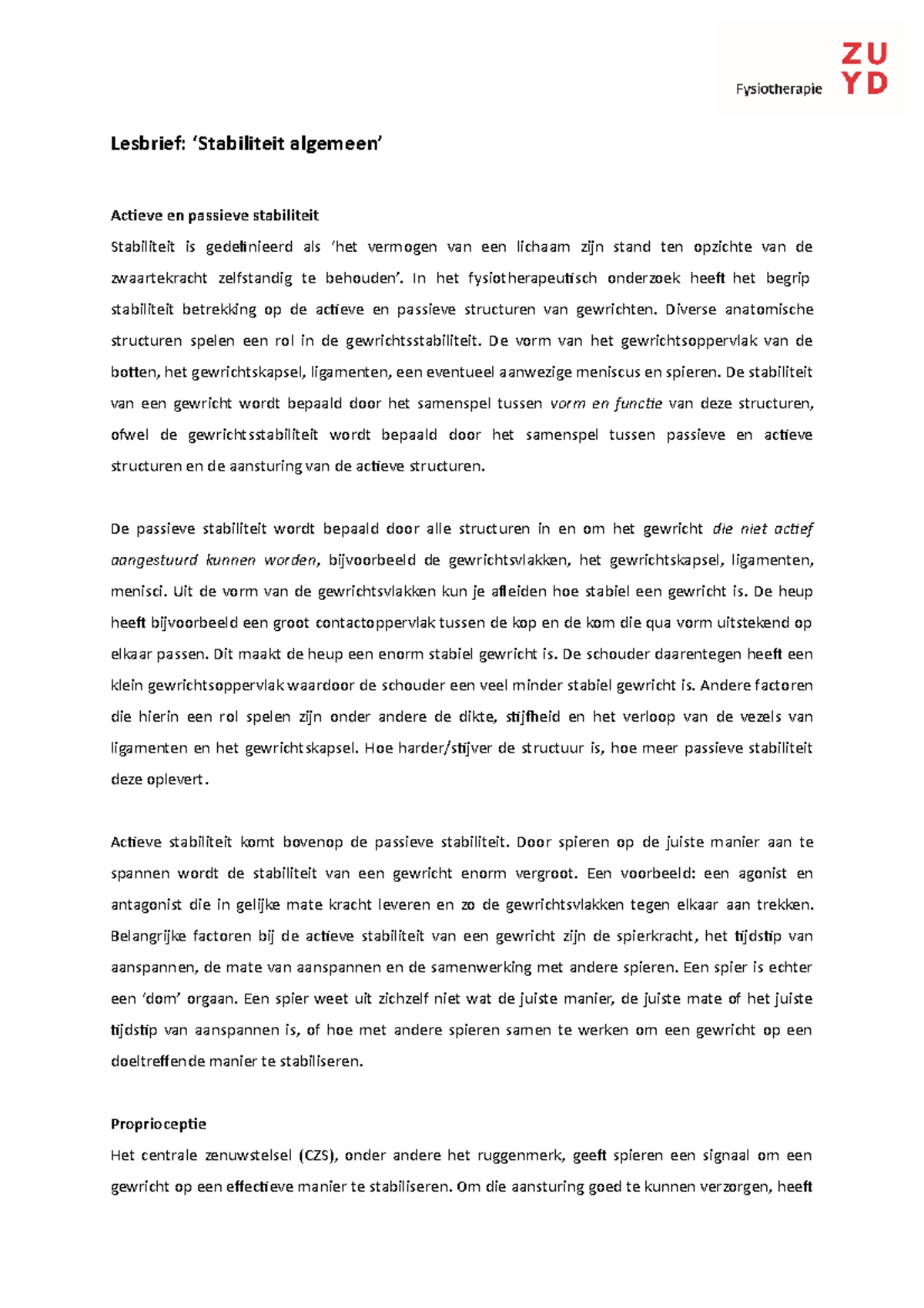 Lesbrief: Algemene Stabiliteit en Proprioceptie in Fysiotherapie ...