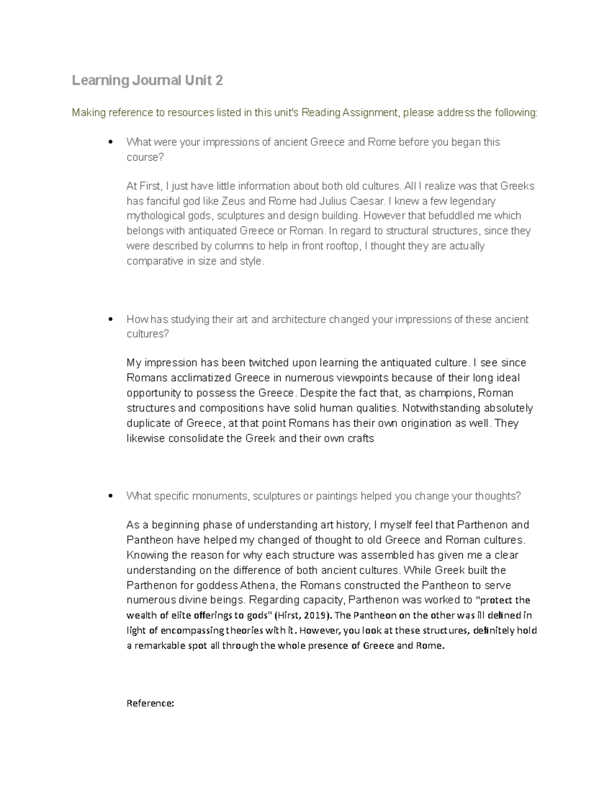 Learning Journal Unit 2: Insights on Ancient Greece and Rome - Studocu