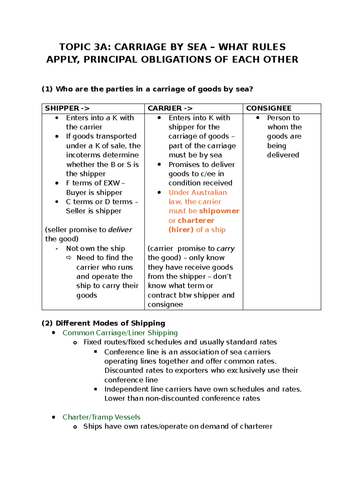 BTX3110 Lecture Notes: Carriage of Goods by Sea - Rules & Obligations ...