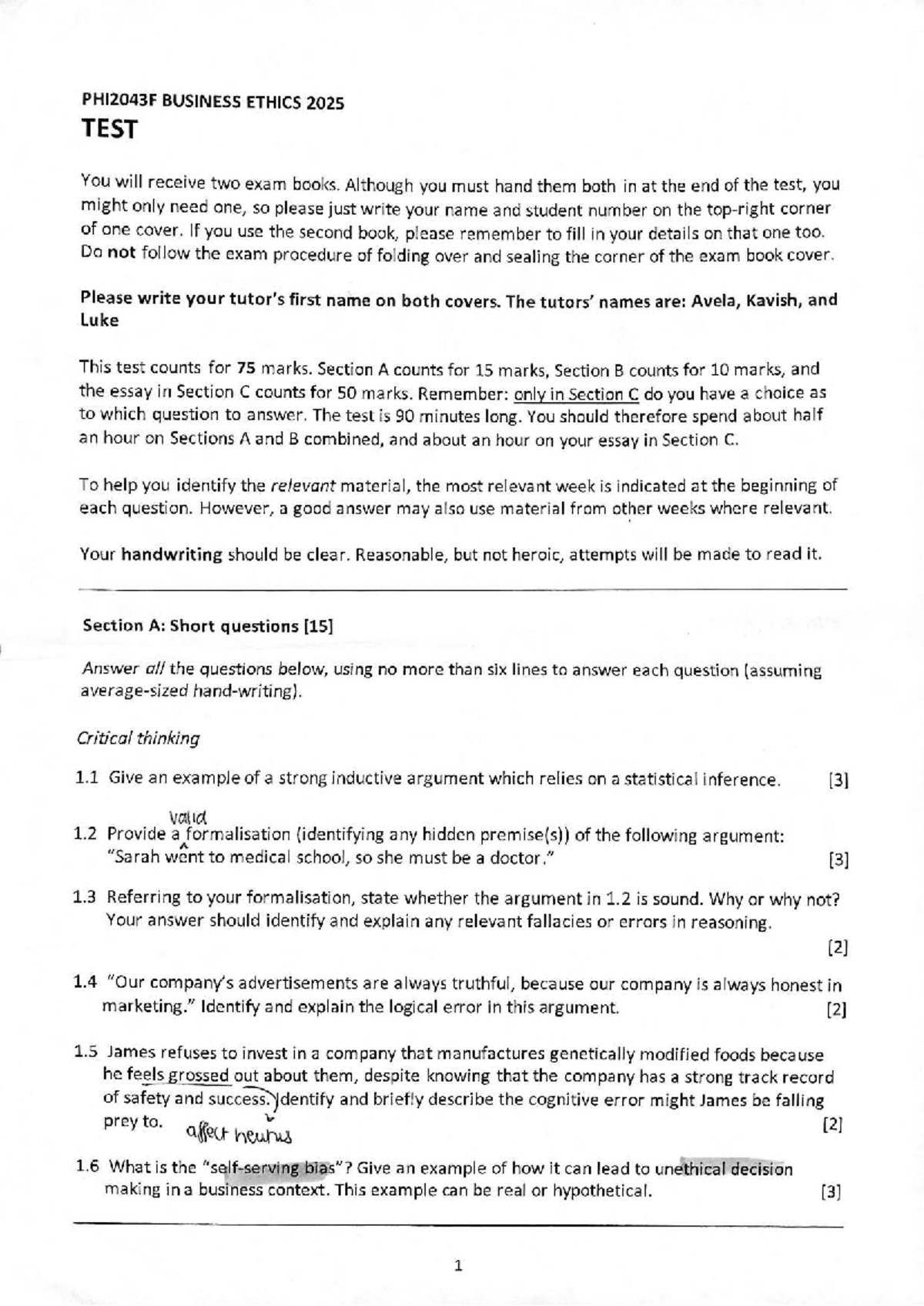 PHI2043F BUSINESS ETHICS 2025 TEST INSTRUCTIONS AND QUESTIONS - Studocu