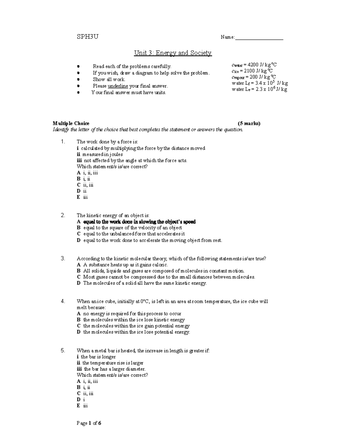 SPH3U - Unit 3 Energy and Society Practice Test - Studocu