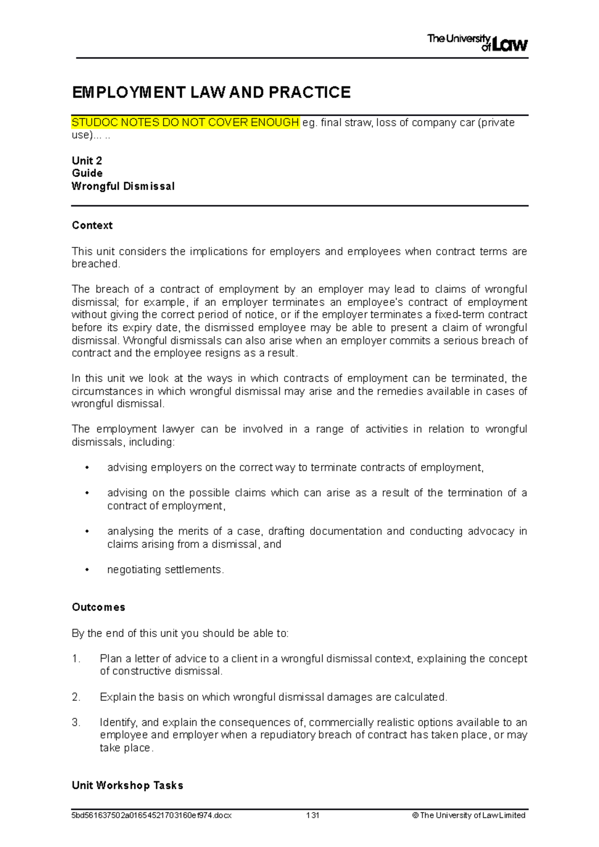 Employment Law Workshop 2 LPC: Key Concepts in Wrongful Dismissal - Studocu