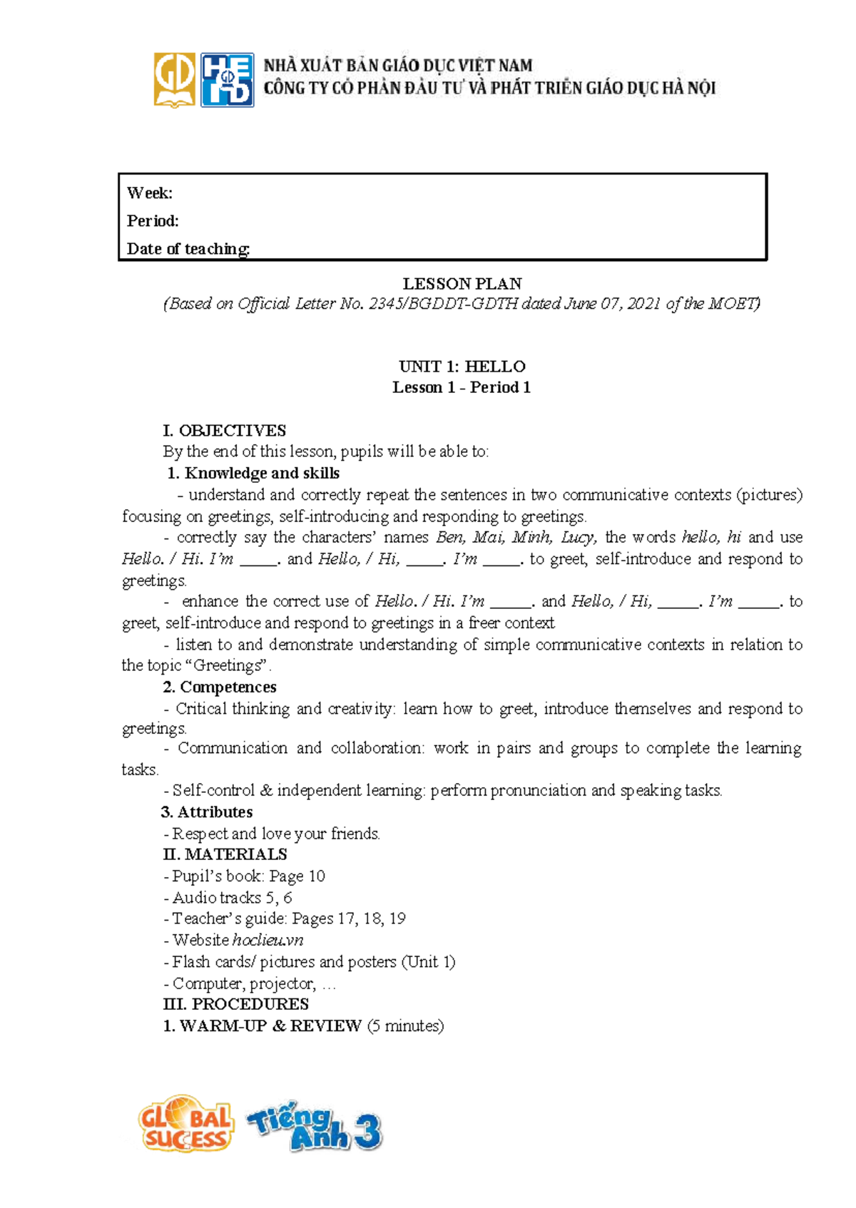 TA3 GA Unit 1 - English Lesson Plan: Greetings and Responses - Studocu