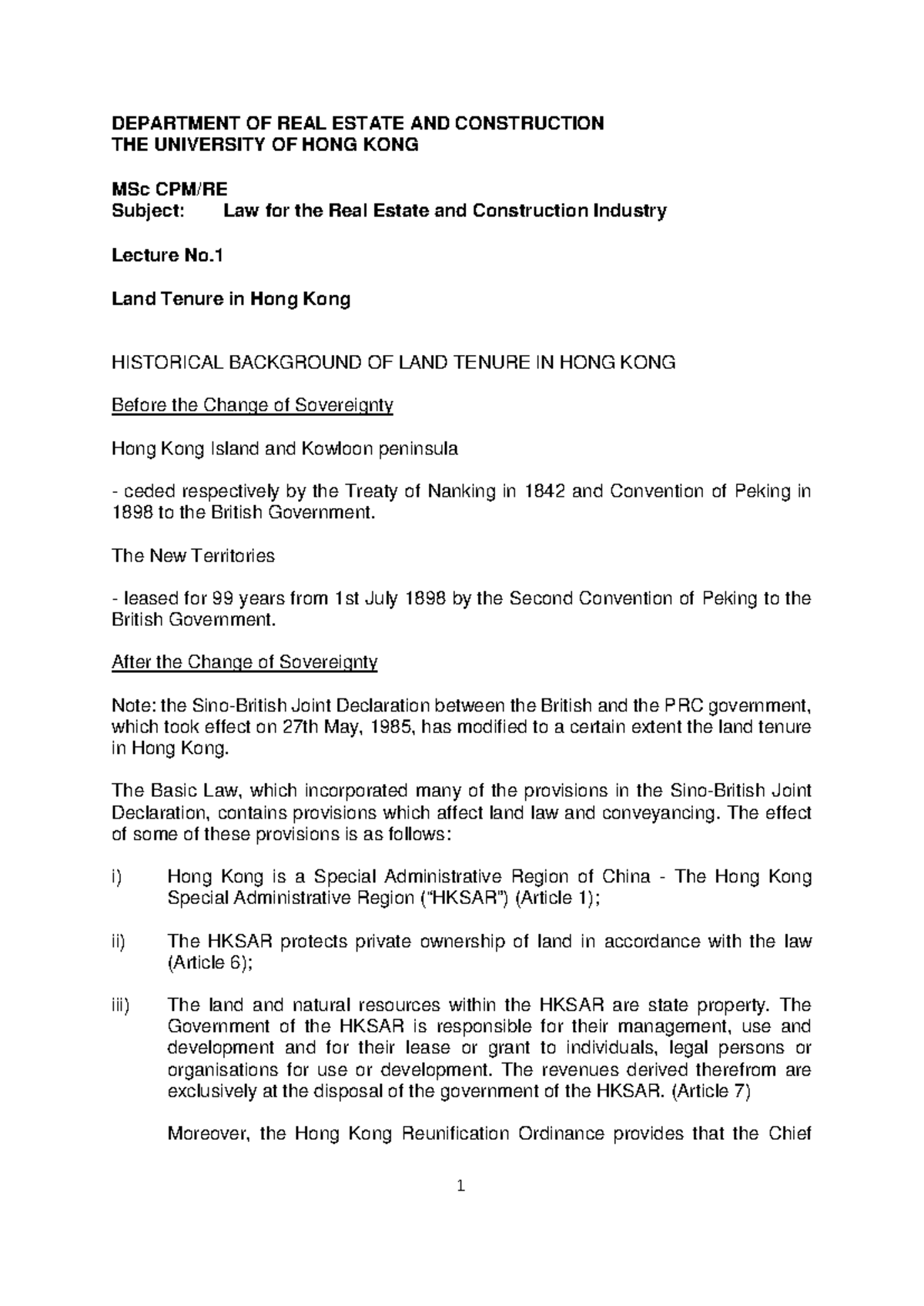 handouts for land law - DEPARTMENT OF REAL ESTATE AND CONSTRUCTION THE ...