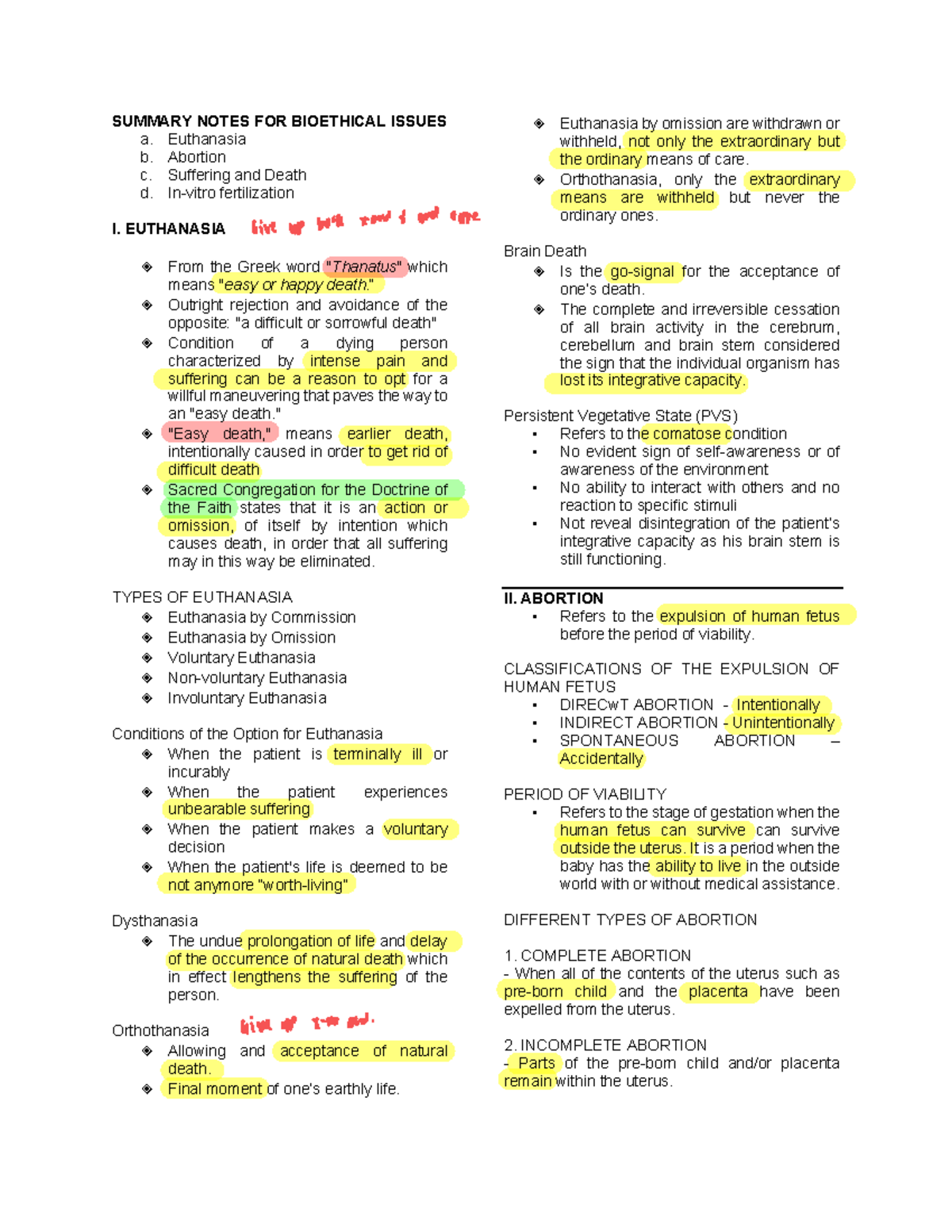 Summary Notes FOR Bioethical Issues - SUMMARY NOTES FOR BIOETHICAL ...