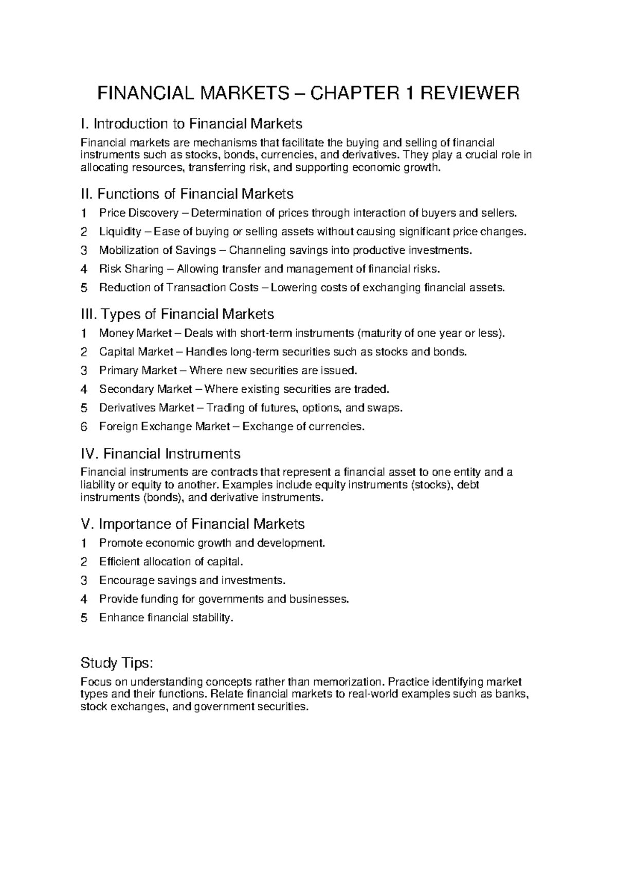 FIN 101: Financial Markets Chapter 1 Study Guide - Studocu
