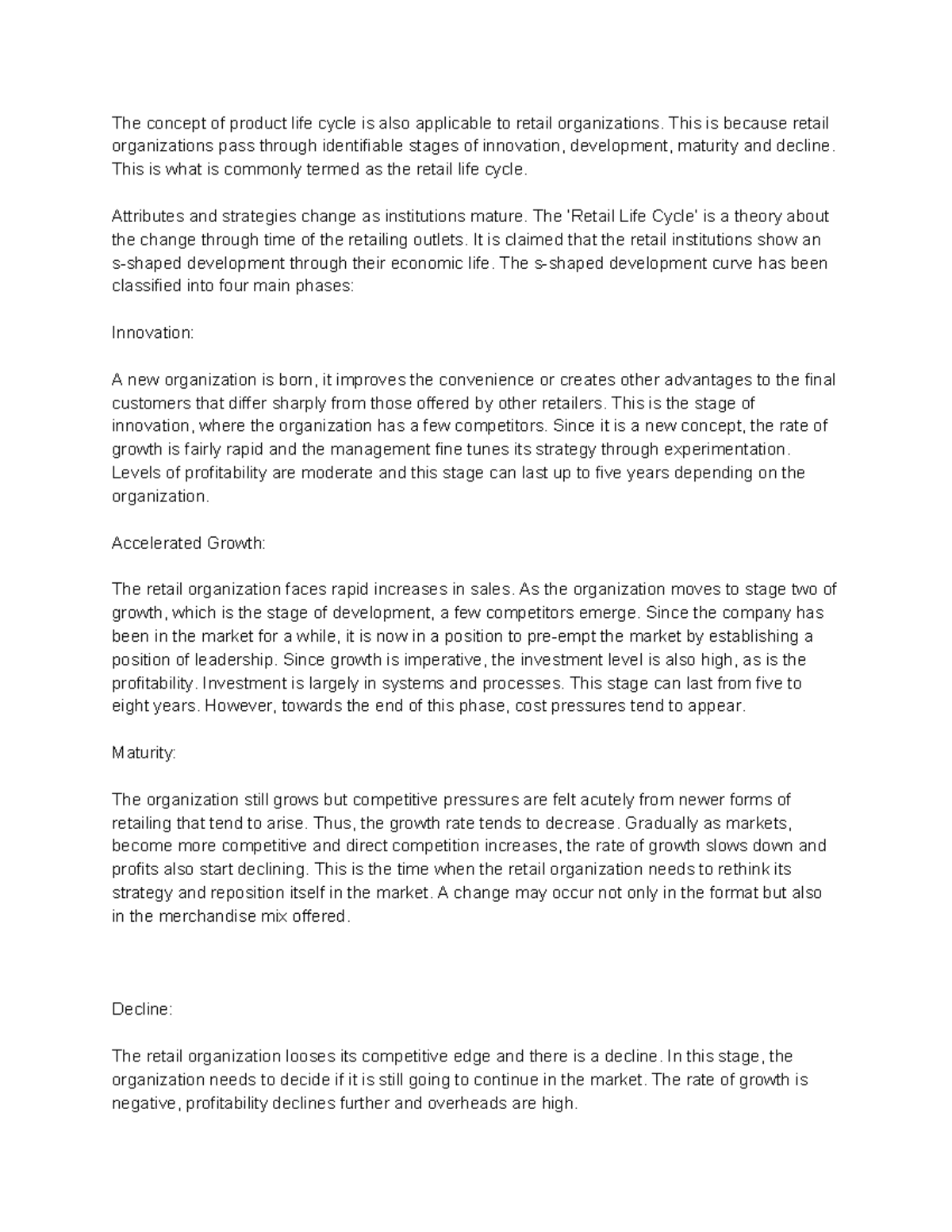 Retail life cycle - The concept of product life cycle is also ...
