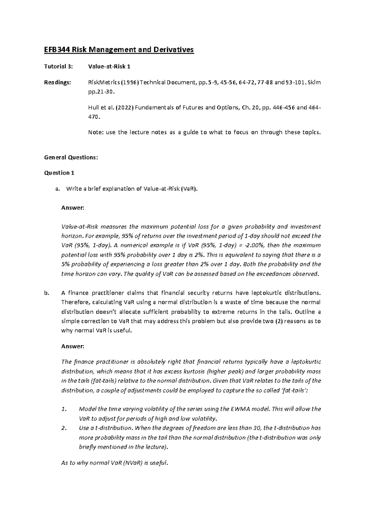 EFB344 Risk Management & Derivatives Tutorial 3 Solutions Overview ...