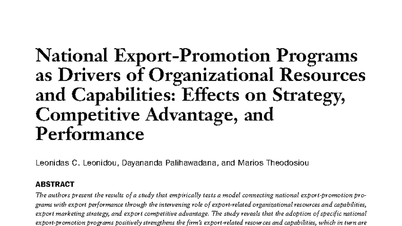 National Programs and Their Impact on Export Performance: A Study on ...