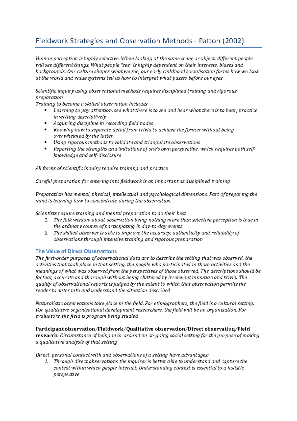 Artikel: Observational Methods & Fieldwork Strategies - Patton (2002 ...