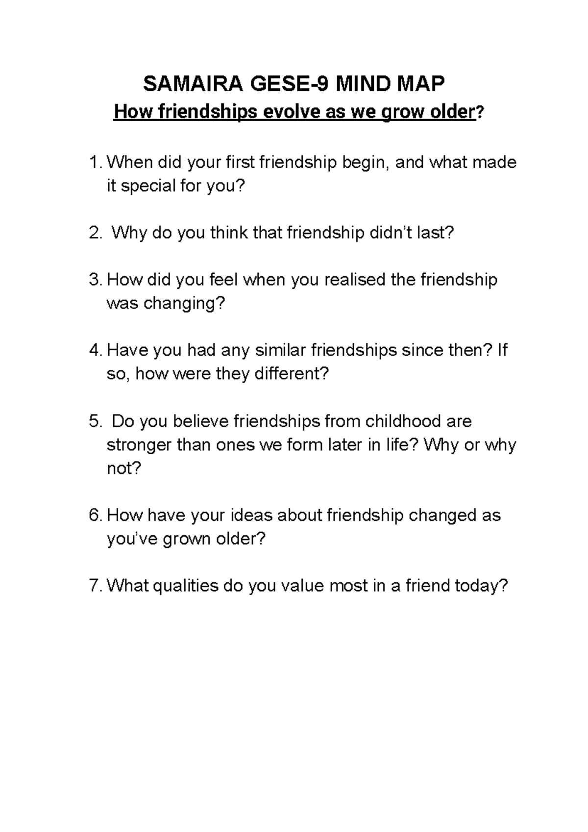 GESE-9 Final Mind Map: The Evolution of Friendships Over Time - Studocu