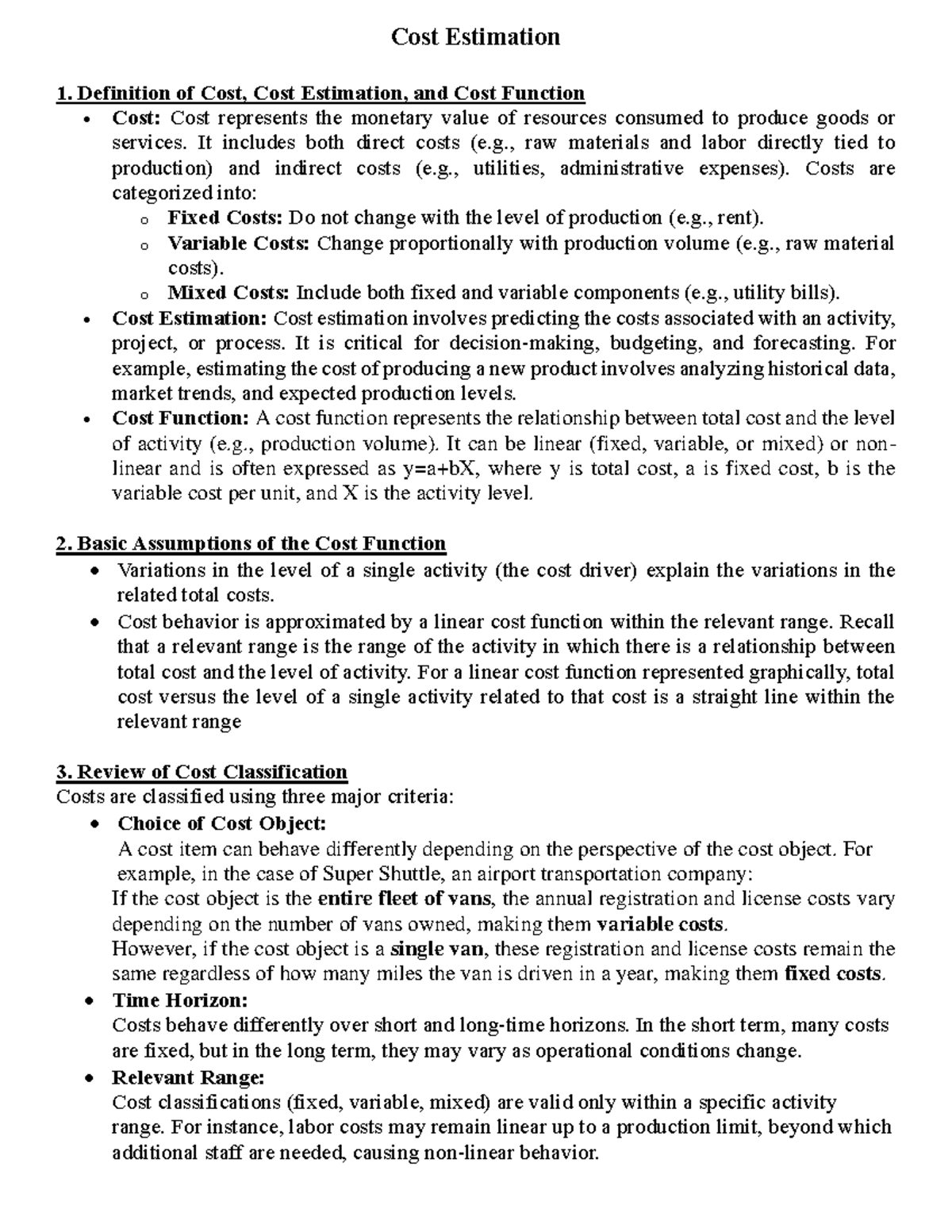 Cost Estimation: Understanding Costs, Functions, and Drivers - Studocu