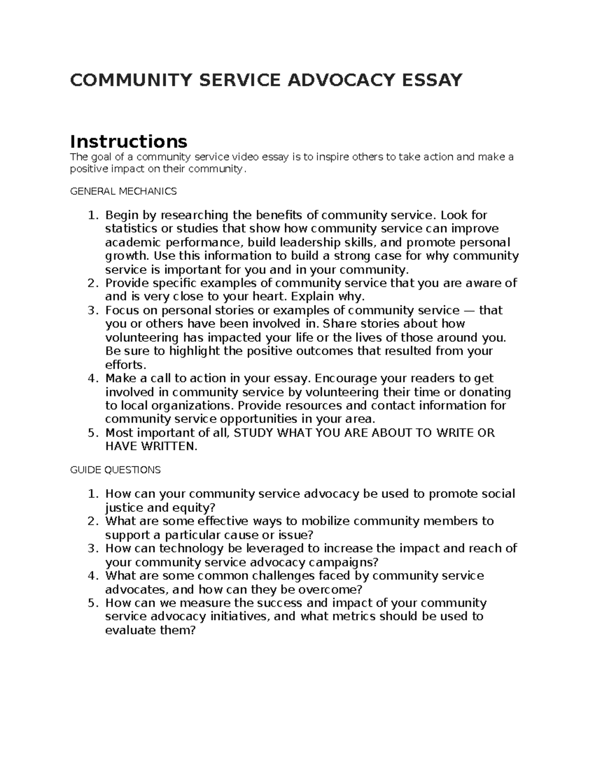 COMMUNITY SERVICE ADVOCACY ESSAY: Inspiring Change Through Action - Studocu