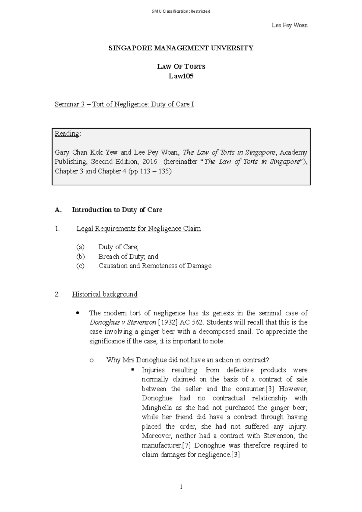 SMU LAW 301: Seminar Outline on Duty of Care in Negligence - Studocu