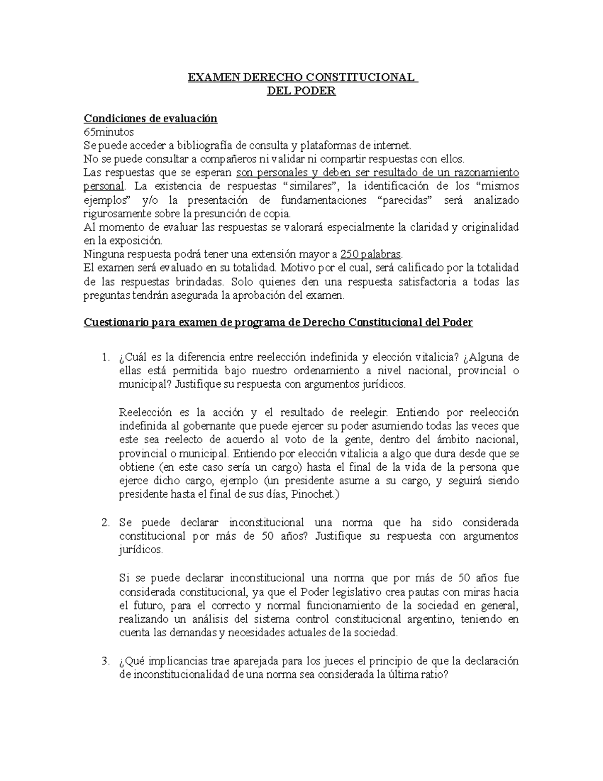 Examen final de derecho constitucional del poder: condiciones y ...