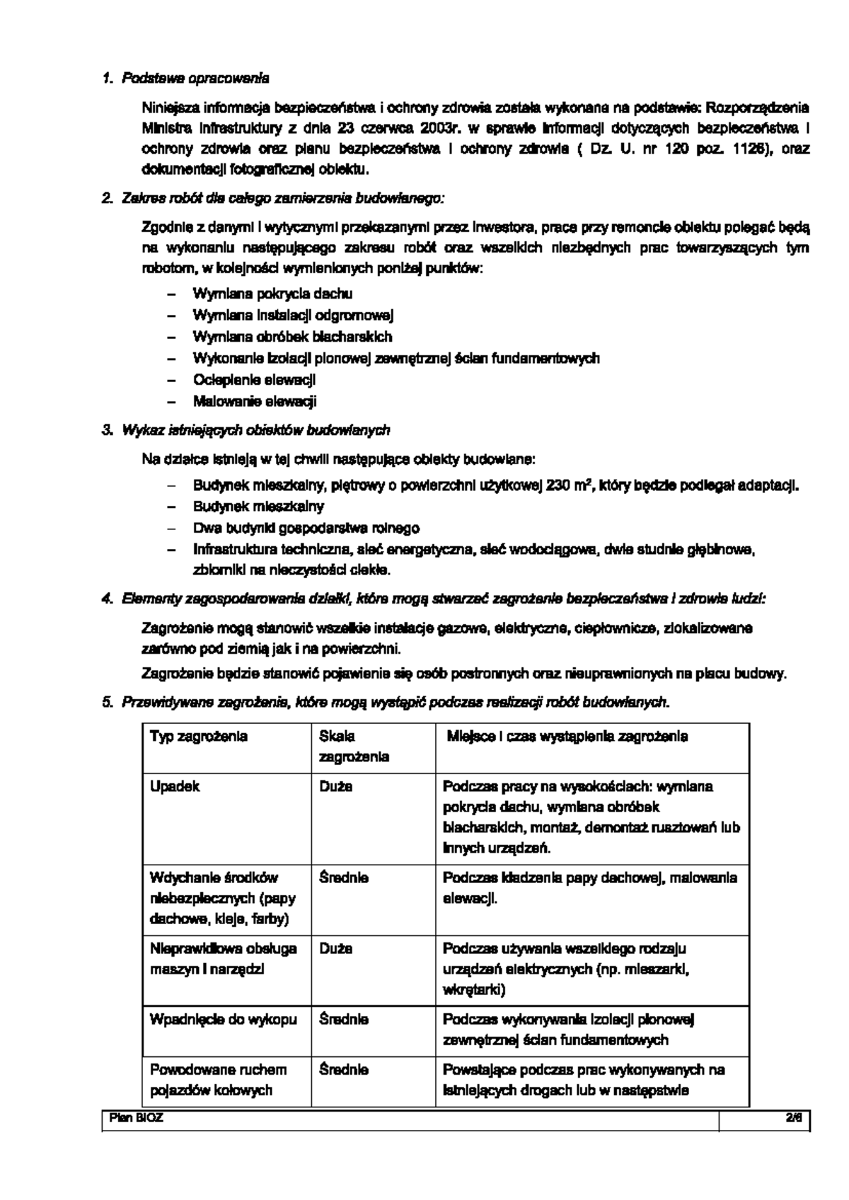 Plan BiOZ dla budowy - Arkusz 2 z zakresu bezpieczeństwa i zdrowia ...