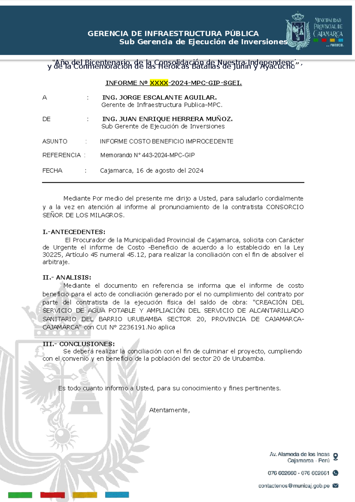 Informe 000 - Costo Beneficio de Conciliación en Urubamba - Document Preview