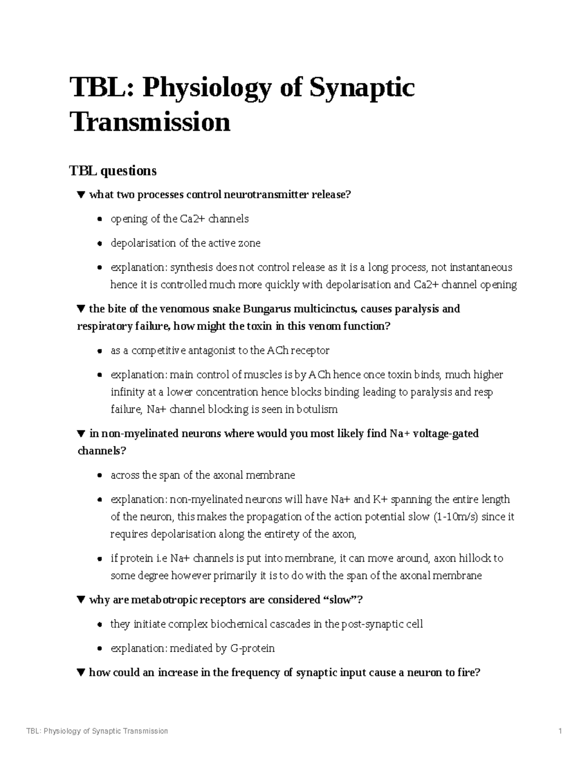 TBL - Physiology of Synaptic Transmission Notes and Questions - Studocu