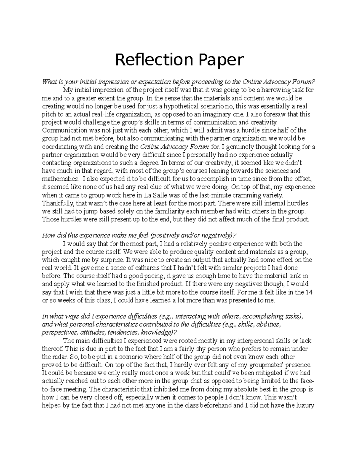 G Epcomm Reflection Paper: Insights from the Online Advocacy Forum ...