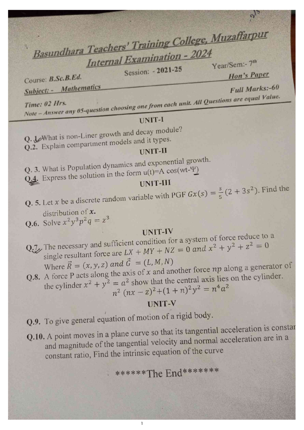 B.Sc.B.Ed. Mathematics 7th Sem. Internal Exam Notes 2024 - Studocu