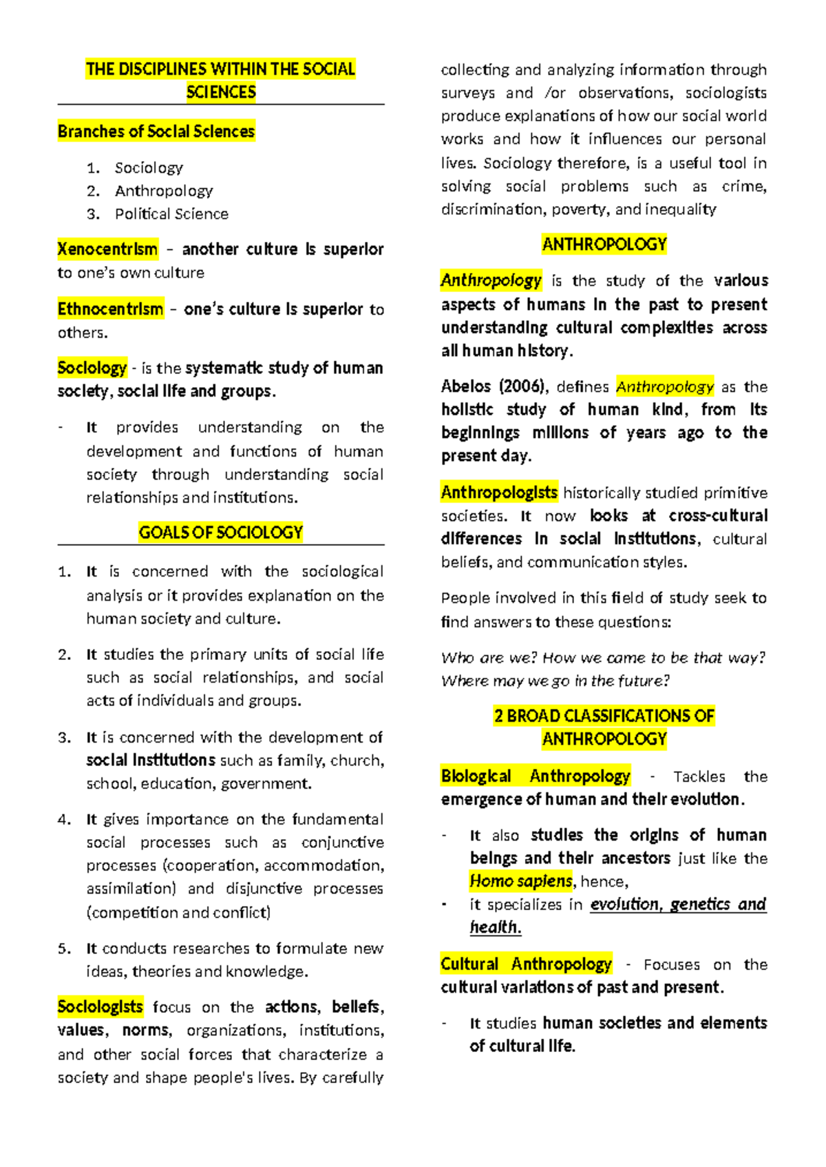UCSP Midterm Coverage: Sociology, Anthropology, and Political Science ...