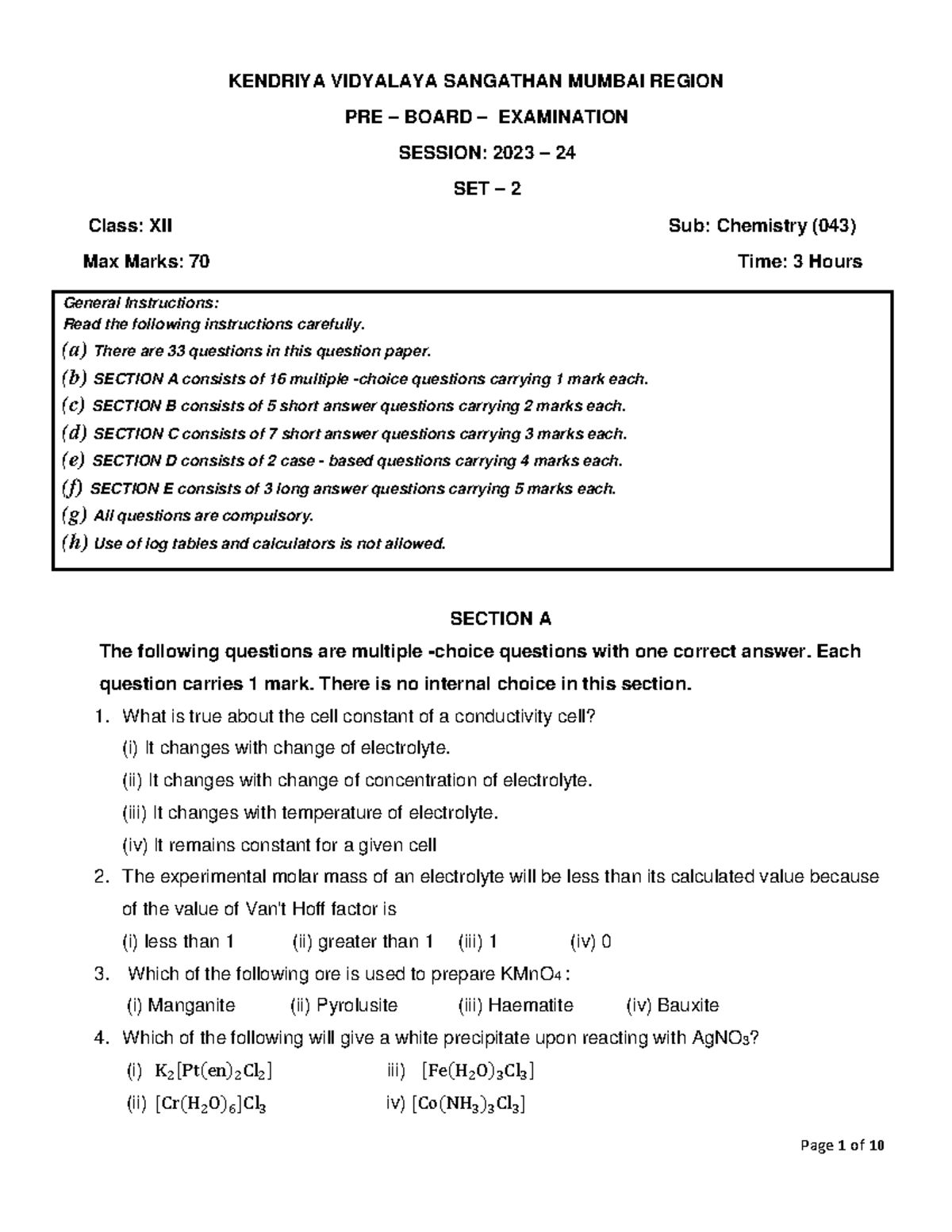 QP CHEM PB1 2023-24 SET 2 - General Instructions: Read the following ...