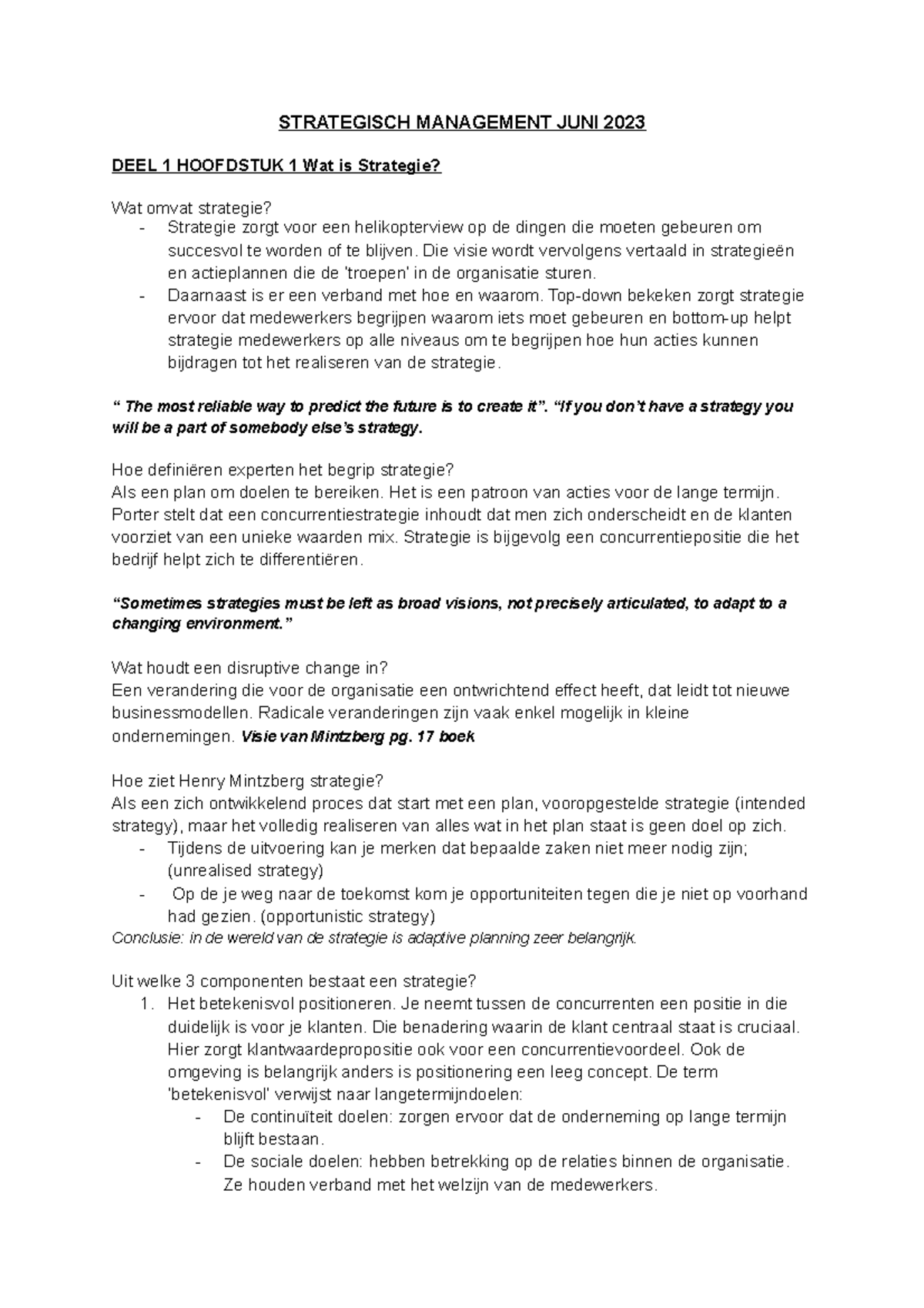 Strategisch Management Overzicht en Belangrijke Concepten JUNI 2023 ...