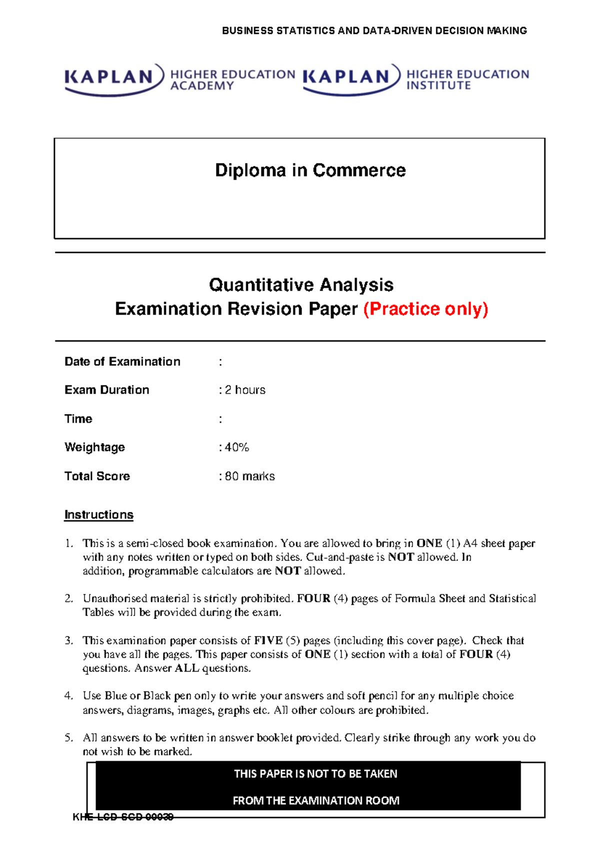 Diploma in Commerce - Quantitative Analysis Mock Exam Revision - Studocu