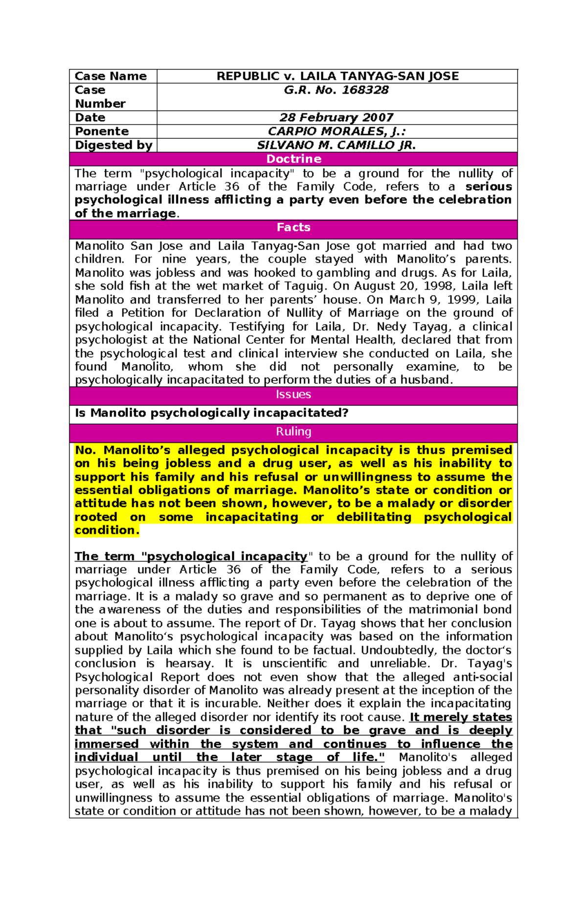 21. Case Digest: Republic v. Tanyag on Psychological Incapacity - Studocu