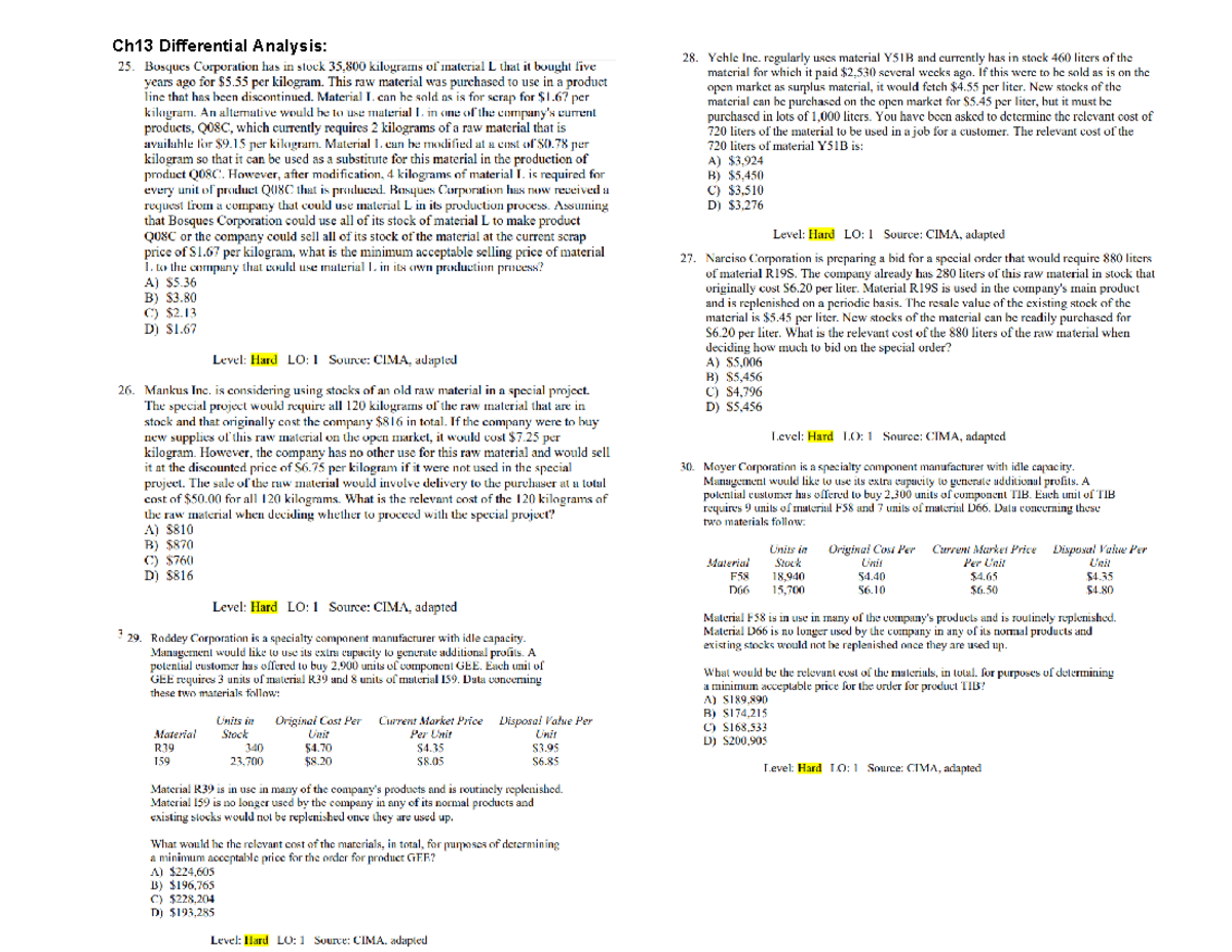 CH13 QS Print - Differential Analysis Practice Questions - Studocu