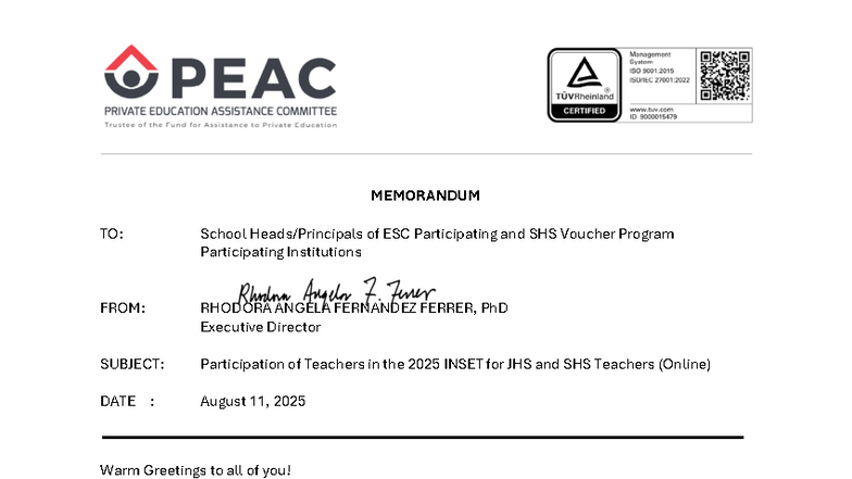 TDU-MEMO-2025-007: INSET Participation Guidelines for JHS & SHS ...