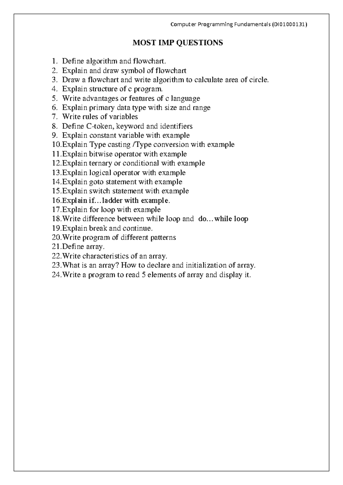 Computer Programming Fundamentals (CPF) Important Questions - Sem 1 ...