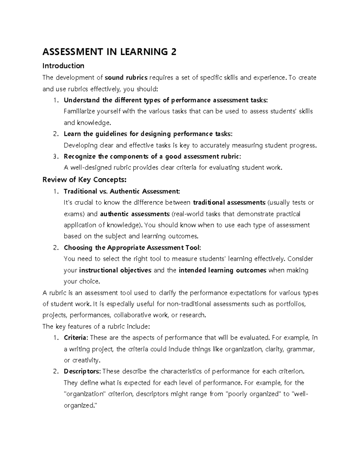 Assessment in Learning 2: Effective Rubric Development Strategies - Studocu